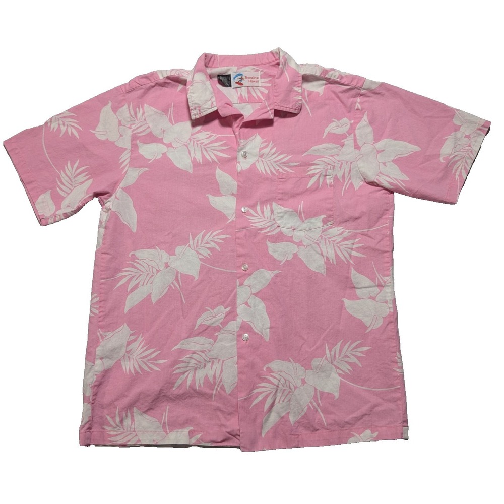 VTG Shoreline Hawaii - Men XL Pink Floral Cotton Hawaiin Shirt‎ - Made In USA